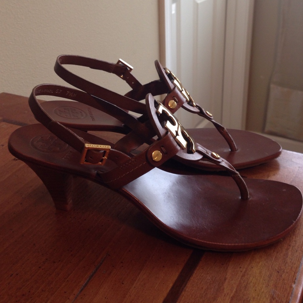 Tory Burch Brown Leather Logo Thong Sandals - Picture 2 of 4